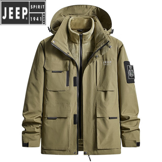 JEEP SPIRIT Jeep Jacket Men's Winter Three-in-One Detachable Charge Windbreaker Plus Velvet Thickened Warm Loose Casual Jacket Army Green 3XL Recommended 150-165Jin Jin equals about 0.5 kg