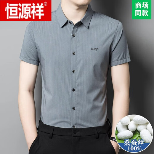 恒源祥2024夏季新款男士条纹短袖衬衫桑蚕丝商务休闲冰 丝衬衣男 FC2603款-深灰 175 【适合体重130-150斤】
