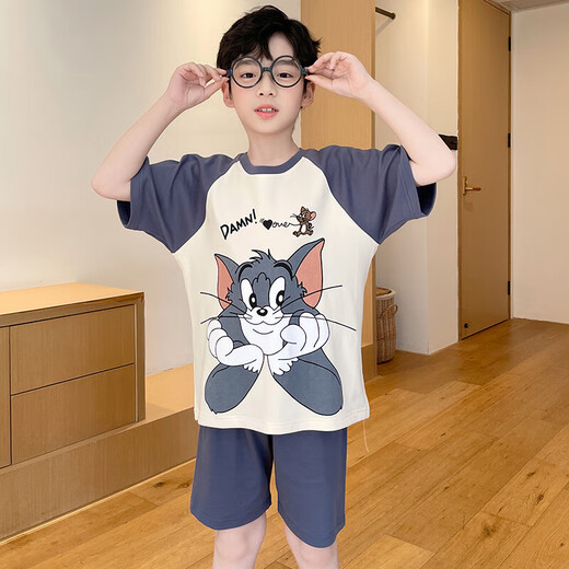 浪莎（LangSha）儿童睡衣男童夏季短袖薄款纯棉家居服男孩小中童夏天学生卡通套装 LTN653 160 建议150-160CM/80-95斤