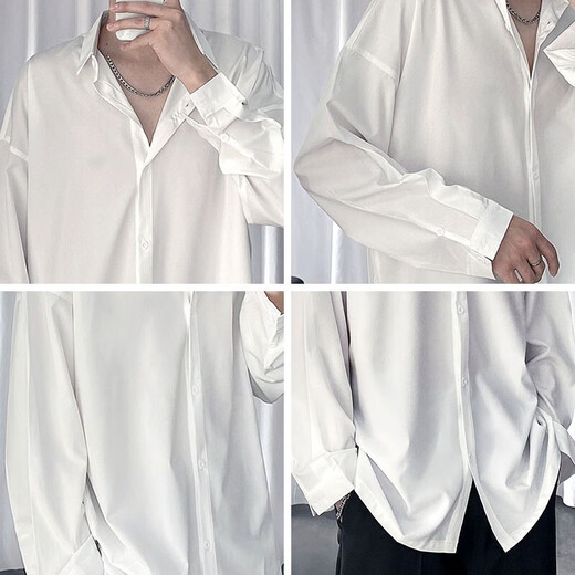 Zuoyoupin Ice Silk Hemd Hersteller dünner Stil hübsch schwarz trendy langärmelige lose lockere weiße Hemd Sommer Vielseitiges, eisenfreies Hemd Schwarz L Empfohlenes Gewicht 115-130 Jin [Jin entspricht 0,5 kg]