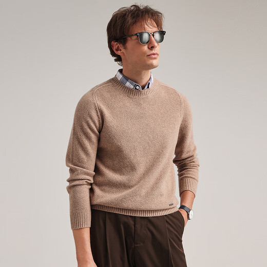 Zhaojun 2024 Autumn and Winter Men's High-End Solid Color Wool Sweater Round Neck Raglan Sleeves Thickened Warm Knitted Sweater Land Camel XL