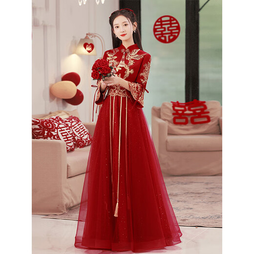 Seidler New Chinese Bridal Toast Wear Cheongsam 2025 New Evening Dress Winter Long Dress Engagement Burgundy Long L (Recommended 106-115 Jin Jin equals 0.5 kg)