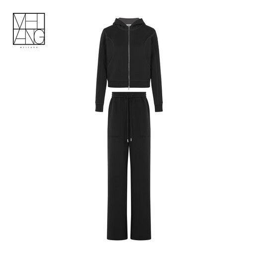 MEIYANG Aerobic Casual Suit Morning Commuting Comfortable Thin Velvet Warm Hooded Top Straight Pants Fashion Casual Suit Women Black (Top + Pants Extended Version) L