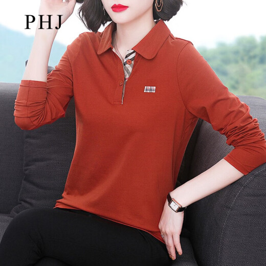 PHJ long-sleeved T-shirt women's autumn new style middle-aged loose slimming age-reducing polo shirt casual versatile lapel top caramel color XL