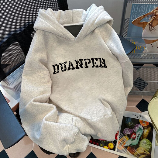 Katuchi American vintage heavyweight Zhongshan sweatshirt men's autumn and winter loose trendy high street hoodie jacket top white gray-velvet XL