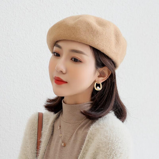 Gu Wenlun's hat with wig for middle-aged and elderly women in autumn and winter, shoulder-length short hair, Internet celebrity woolen beret, versatile short, khaki hat, shoulder-length short hair, light brown + hairnet