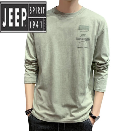 JEEP SPIRIT Langarm-T-Shirt Herren Herbst und Sommer neues trendiges, lockeres, dünnes Bodenshirt Herren Rundhals neues Produkt 643 Bohnengrün + 692 Grau 2 Stück insgesamt 3XL