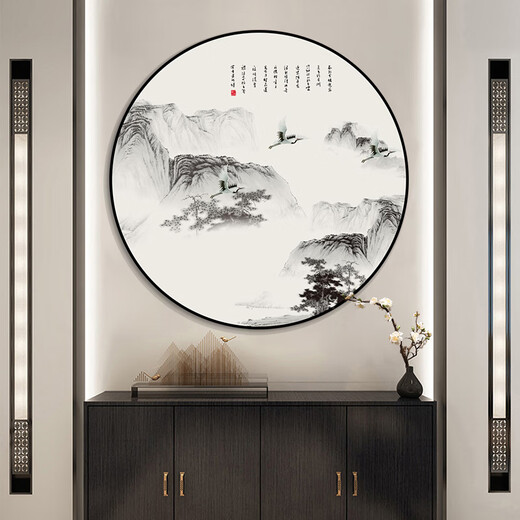 Paidan Xianmeng New Chinese Style Round Decoration Painting Entry Hall Decoration Painting Chinese Tea Room Background Wall Landscape Painting Ink Painting Lake and Mountain Color Diameter 60cm Aluminum Alloy Black Frame/Crystal Porcelain Surface