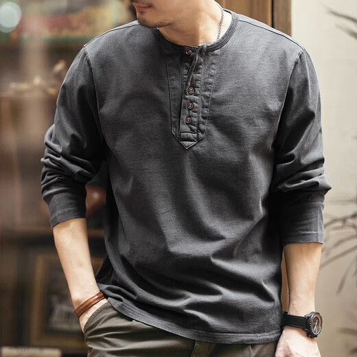 Famous high-end retro long-sleeved t-shirt for men in autumn loose large size pure cotton tough guy casual henley collar bottoming shirt top charcoal gray XL 145-160Jin Jin is equal to 0.5 kg