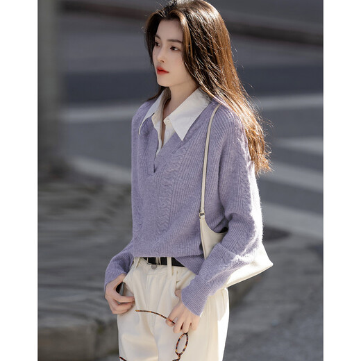 Demana Cloud Sweater Spring and Autumn Simple Style Commuting Spliced ​​Lapel Comfortable Fiber Velvet Yarn Covering Flesh Knitted Sweater Women's Top