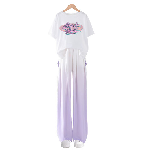 Piggy Pete Girls Summer Suit Dopamine 2025 New Children's and Big Children's National Style Summer Suit Two-piece Set Fashionable Summer Casual 15117 Gradient Purple + 9922 White 150 cm