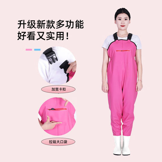 Zailu women's waders half-length one-piece fishing beach rain boots waterproof rain pants for men and women and children's wading clothes for women - suspenders pink zipper large pockets 36 36