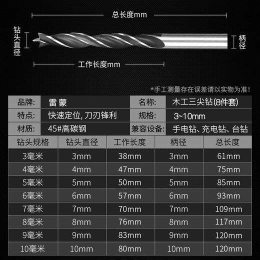 Raymond three-point round handle woodworking drill bit set drill twist opening drill wood hole expander 3-10mm eight-piece set
