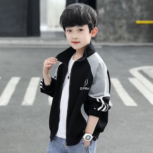 Ainolun boys' thin coat 8-12 years old primary and secondary school students, middle and large children's clothing boys primary and secondary school students autumn clothing season sky tops casual outing clothing fashionable baseball uniform sportswear comfortable black round label jacket 150 size recommended height 140 cm