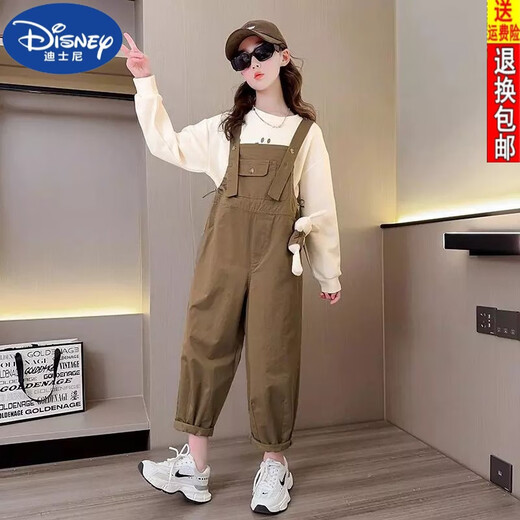 Disney (DISNEY) Girls Suit Spring and Autumn 2023 New Style Fashionable Long-Sleeved Children's Wear Internet Celebrity Big Children's Overalls Two-piece Set Trendy Dark Khaki Overalls + Top Two-piece Set 160