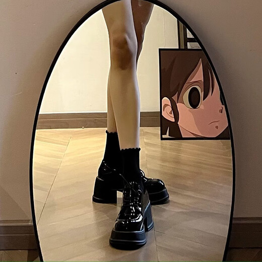 Nine-inch sunshine black thick-soled small leather shoes for women spring heightening thick-soled Mary Jane shoes platform round toe high-heeled loafers jk bright black small leather shoes (6.5cm) 37