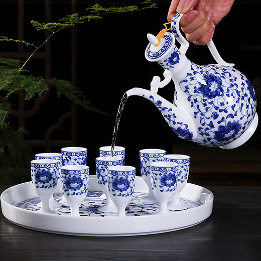 Xihe Yinyao Xihetang Jingdezhen Ceramic Wine Set Liquor Goblet Spirit Cup Blue and White Flask Set Wine Cup Qingzhulin Model (1 Pot, 10 Cups, 1 Tray)