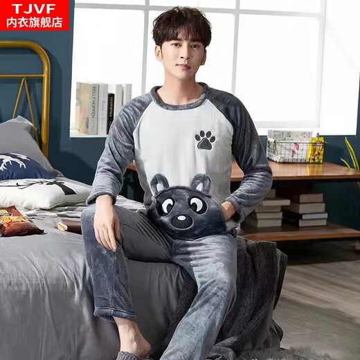 TJVF Pijamas para Hombre Otoño e Invierno Franela Fina Jersey de Dibujos Animados para Estudiantes Conjunto de Ropa para el hogar de Lana Coral de Manga Larga 3883-Bnave Bear 2XL Hombre