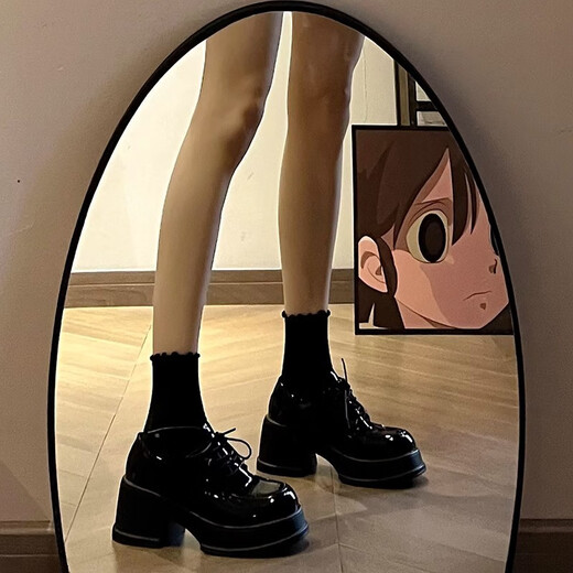 Nine-inch sunshine black thick-soled small leather shoes for women spring heightening thick-soled Mary Jane shoes platform round toe high-heeled loafers jk bright black small leather shoes (6.5cm) 37