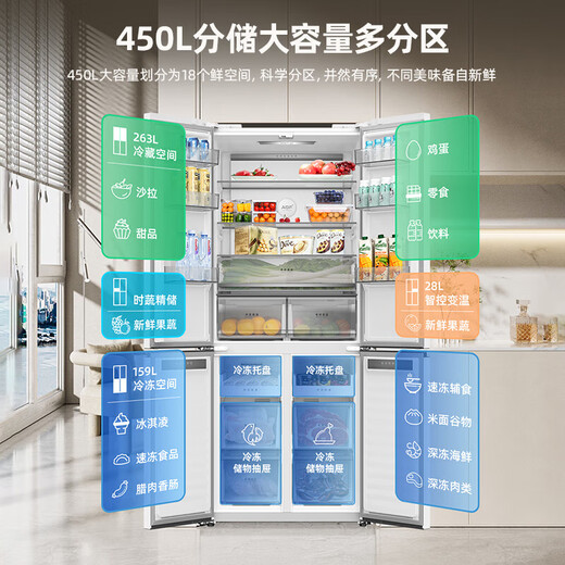 MeiLing worry-free embedded 450L cross-door refrigerator dual-system dual-cycle ultra-thin zero-level embedded first-class energy efficiency variable frequency air-cooled frost-free BCD-450WP9CZX national subsidy 450WP9CZX Snowy White