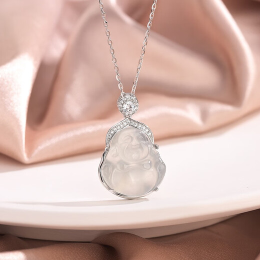Yan Ru decorated chalcedony big belly Buddha pendant 925 silver necklace women's light luxury temperament clavicle chain new birthday gift for girlfriend L2076 white gold_big belly Buddha chalcedony pendant necklace