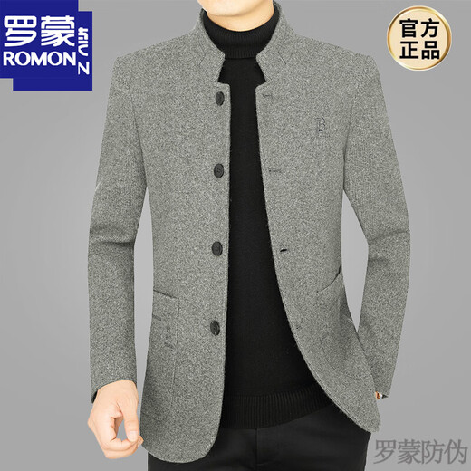 Luo Meng autumn and winter new Chinese stand collar wool casual suit tunic suit for middle-aged men slim Chinese woolen suit jacket 68153 dark gray 3XL
