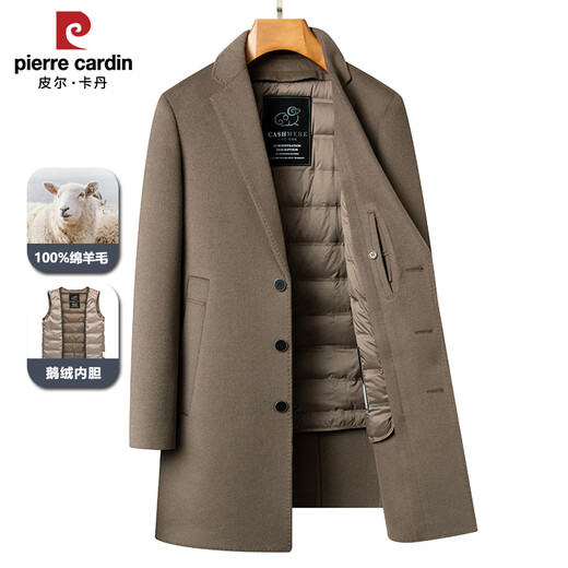 Pierre Cardin high-end double-sided cashmere woolen coat men's mid-length thickened down lining woolen coat men's winter clothing camel 175/92A suitable for 125-145Jin Jin equals 0.5 kg