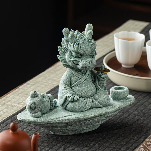 Earth Story Green Sand Stone Lucky Dragon Tea Pet Ornament One Finger Makes Money Mascot Tea Table Home Living Room Desktop 2024 Decoration Master Shenlong One Finger Makes Money - Combination Pack No Specifications