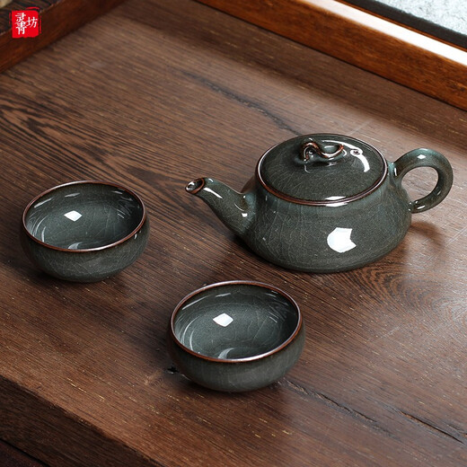 Lingqingfang high-end Kung Fu tea set home office celadon complete set teapot teacup gift box Ge Kiln ice crack iron tire Tibetan blue ten-piece set
