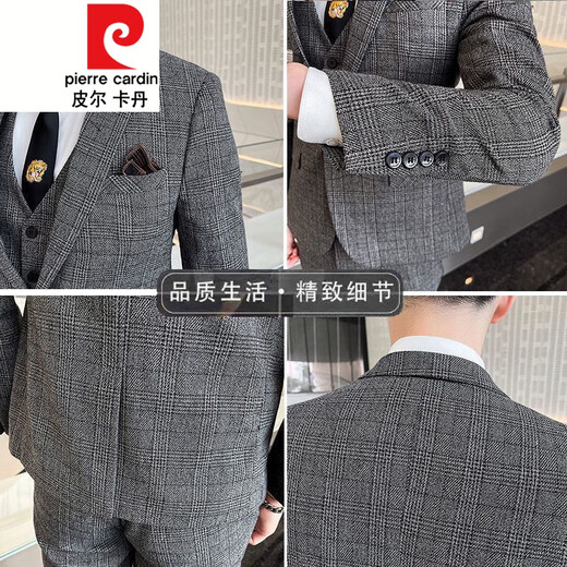 Pierre Cardin Suit Men's Slim Casual Business Formal Wear Groom Wedding Dress Plaid Suit Jacket Trend 2017 Coffee Style (Suit, Pants) Tie M (85-108Jin Jin is equal to 0.5 kg)