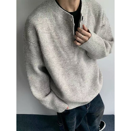 She Man Lai Sweater Men's 2024 Autumn and Winter New Gray American Retro Henley Collar Lazy Style Cleanfit Sweater Men Gray XL