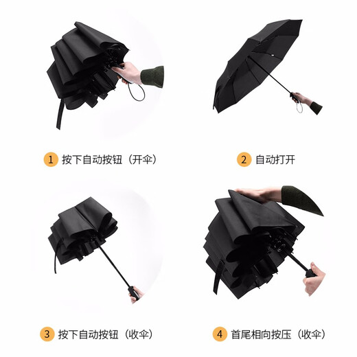 Jingxianju Automatic Umbrella Large Reinforced Thickened Strong Wind-Resistant Umbrella Fully Automatic Super Shade Men's Sun Umbrella Rain or Shine [Noble Black] Fully Automatic Enlargement - 10 Ribs