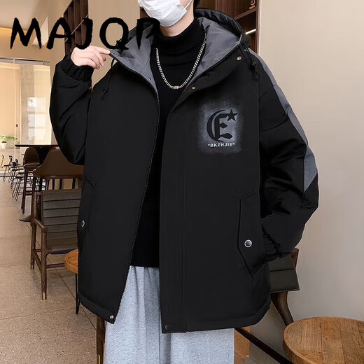 MAJQP夹克棉衣外套男加绒加厚秋冬款青少年男士宽松保暖连帽学生外套潮 719-加绒-黑色 M 80-100斤