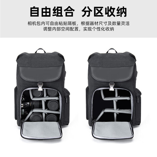 Kaden SLR camera bag backpack suitable for Canon Nikon Sony portable British shoulder large capacity travel backpack for men suitable for Fuji Sony Leica Canon M8 2 seconds side access + upper and lower compartments + USB charging black