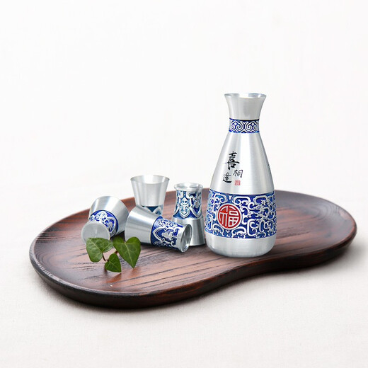 Itariz pure tin wine jug set wine divider household retro enamel craft practical tin wine jug yellow wine white wine set happy encounter (2 pots 2 cups)