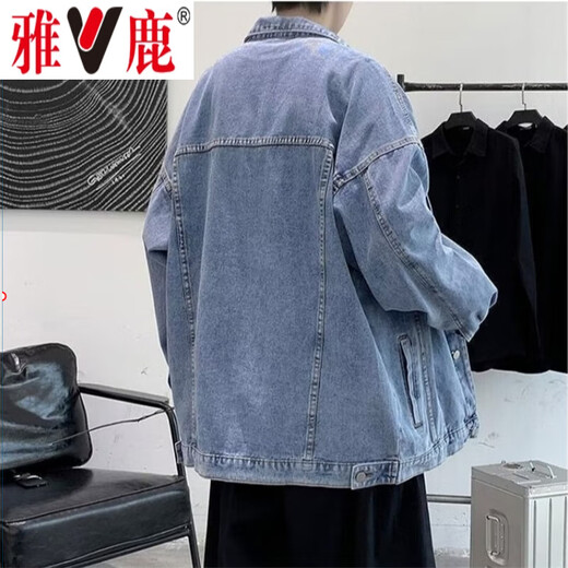 Yalu Denim Jacket Men's Spring and Autumn Jacket Men's Trendy Loose Casual Top Velvet Thickened Work Jacket Men's Black XL (Recommended 125-140 Jin Jin equals 0.5 kg)