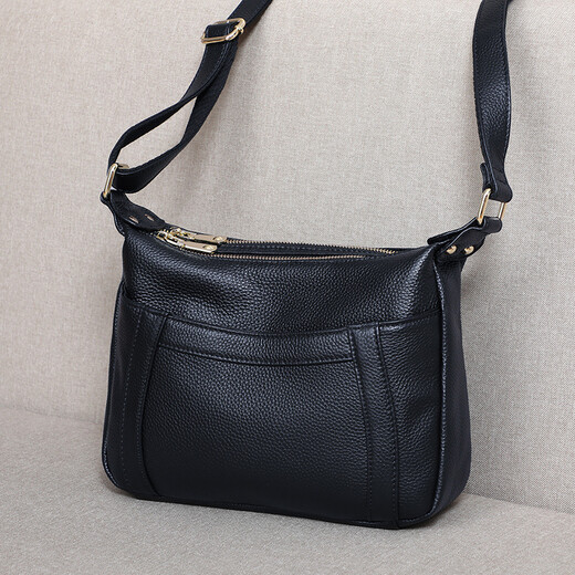 Tushky Marke 2025 Frühlingstasche für Damen, neue trendige Mode, echtes Leder, großes Fassungsvermögen, Umhängetasche für Damen, einfache Umhängetasche, Schwarz, 26 x 16,5 x 7,5 cm