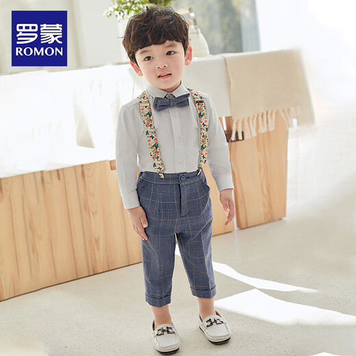 Luo Meng children's suit suit boy's first birthday dress baby boy three-piece flower girl suit suit summer long suspender four-piece suit shirt + trousers + suspender + bow tie 80