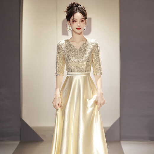 Li Baixin champagne color choir dress performance evening dress female host adult conductor uniform stage competition performance clothing champagne color L recommended 100-110Jin Jin equals 0.5 kg