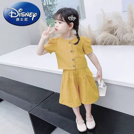 迪士尼（Disney）儿童装女童套装夏装新款女宝宝短袖两件套夏季小女孩上衣服潮 女童黄色阔腿裤套装 100 建议身高90-93cm