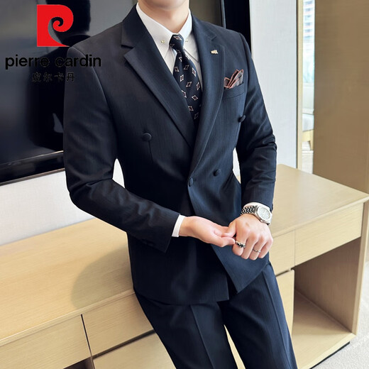 Pierre Cardin double-breasted groom's suit men's wedding casual banquet formal suit business slim dress three-piece set black 3XL (56 suitable for 155-169 Jin Jin equals 0.5 kg)