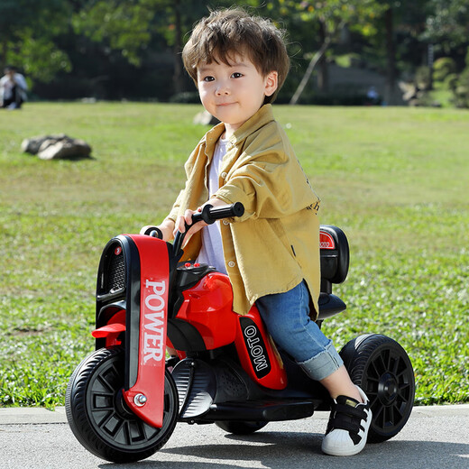 Selected children's electric motorcycles, rechargeable toy cars, male and female babies, remote-controlled three-wheel strollers with music and lights, red high-end dual-drive + Chaowei battery + remote control Children's Day gift