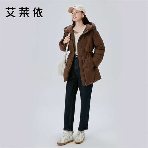 Ai Lai Goose Down Down Jacket Feminine Fashion Short Drawstring Waist Hooded Jacket Winter Honey Tea Brown 155