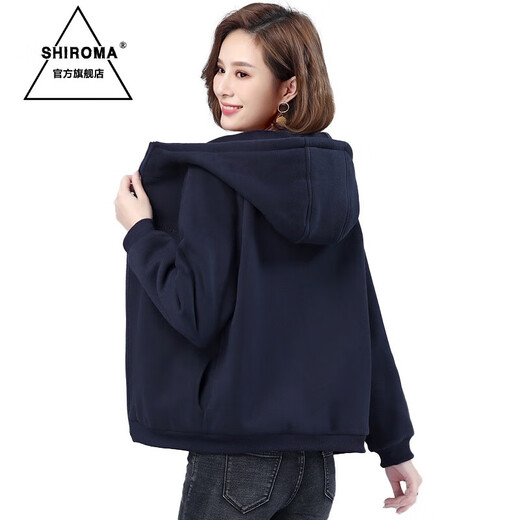 SHIROMA new winter wear hooded thickened velvet sweatshirt jacket for women autumn and winter new fashion navy L
