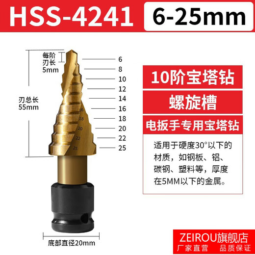 ZEIROU step drill bit pagoda drill bit electric wrench special woodworking extension rod industrial grade stainless steel multi-function opening spiral groove 4-22mm