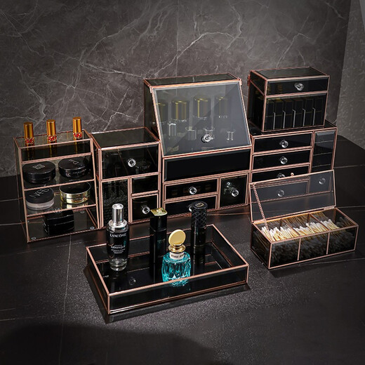 KAMAN glass cosmetics storage box, light luxury dust-proof desktop dressing table skin care product storage rack, 520 gift for wife, three drawers can store facial creams and facial masks