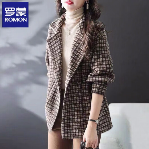ROMON 2026 new autumn and winter velvet suit collar loose woolen jacket business casual mid-length versatile plaid top cotton thickened (version) M recommended 95-120 Jin Jin equals about 0.5 kg