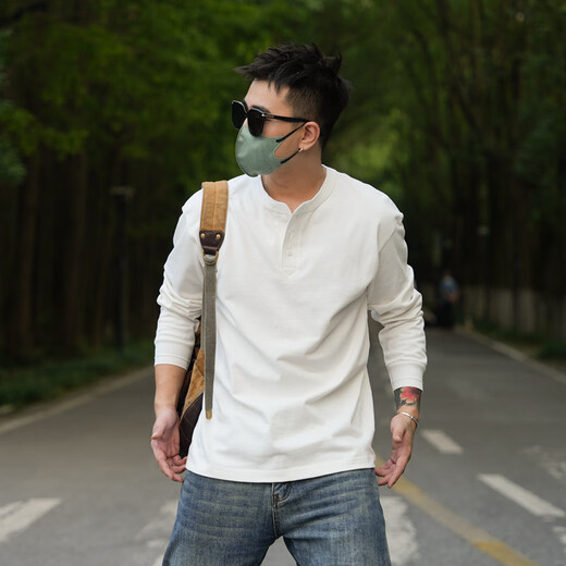 PKSAQ American retro heavyweight Henley shirt T-shirt men's casual long-sleeved bottoming shirt Ami khaki work shirt men's iron gray L