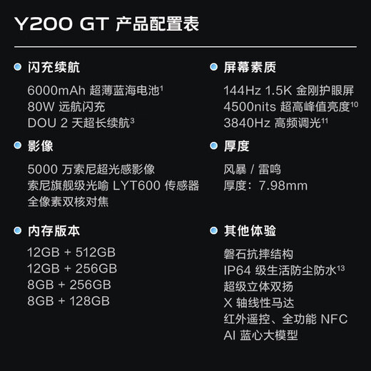 vivo Y200 GT 8GB+256GB 风暴 国家补贴 轻薄6000mAh+80W 第三代骁龙7 144Hz 1.5K金刚护眼屏 拍照手机