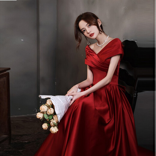 Yingwen toasting dress bride's new arm-covering 2022 autumn small burgundy engagement dress satin long burgundy long m (recommended 96-105 Jin Jin equals 0.5 kg)
